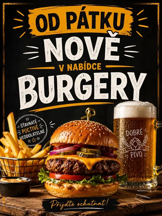 Plakát: Nově v nabídce burgery